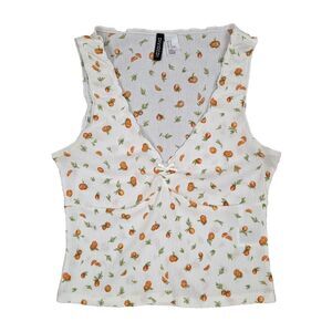 H&M Crinkle Jersey Knit Babydoll Top M Orange Print Y2K Cottagecore Coquette